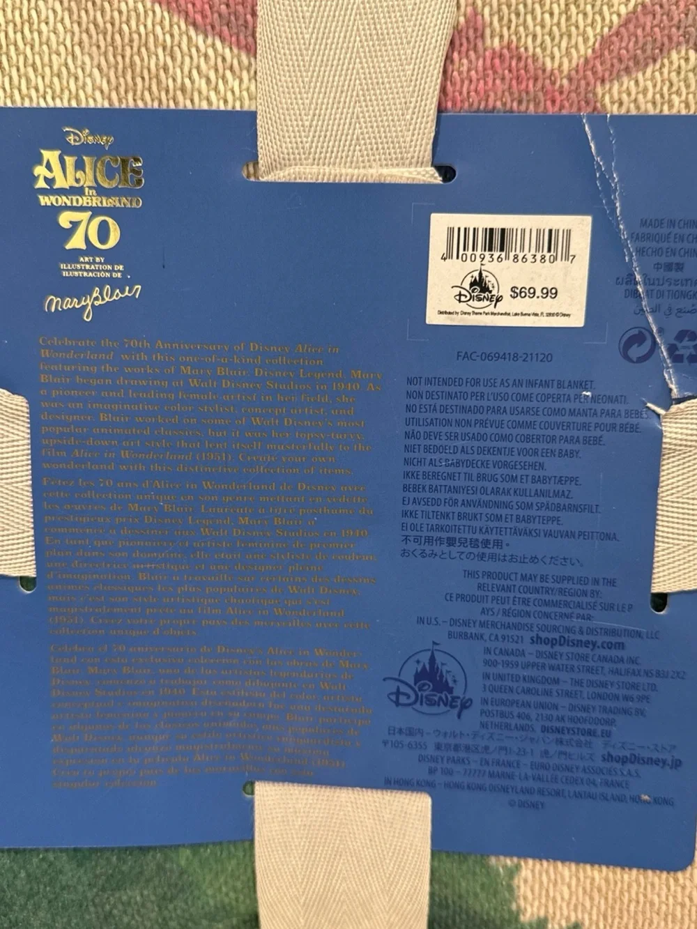 Disney Alice in Wonderland 70th anniversary Throw Blanket, Blue Floral Print
